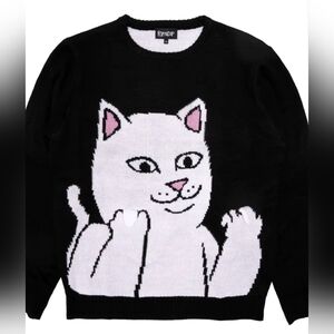 RIPNDIP Black Sweater Lord Nermal "Flippy Knitty" Middle Finger, NWT! Size M